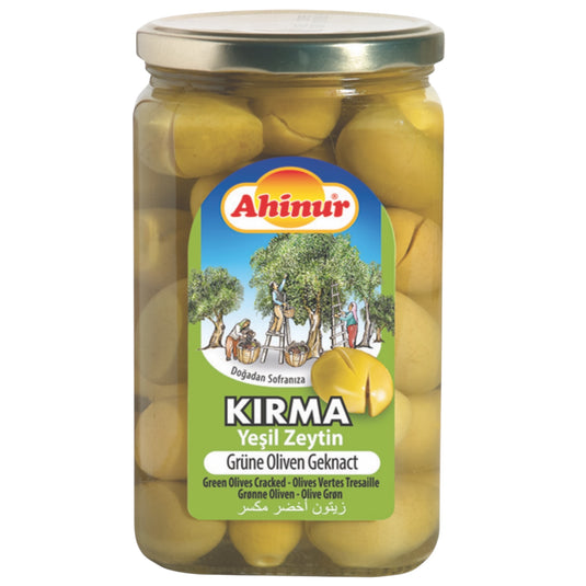 AHINUR YESIL ZEYTIN KIRMA GRØNNE OLIVEN 12*850 ML. GL.