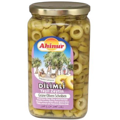 AHINUR IN SCHEIBTEN GESCHNITTENE GRÜNE OLIVEN, GRØNNE OLIVEN I SKIVER 8*850 ML. GL.