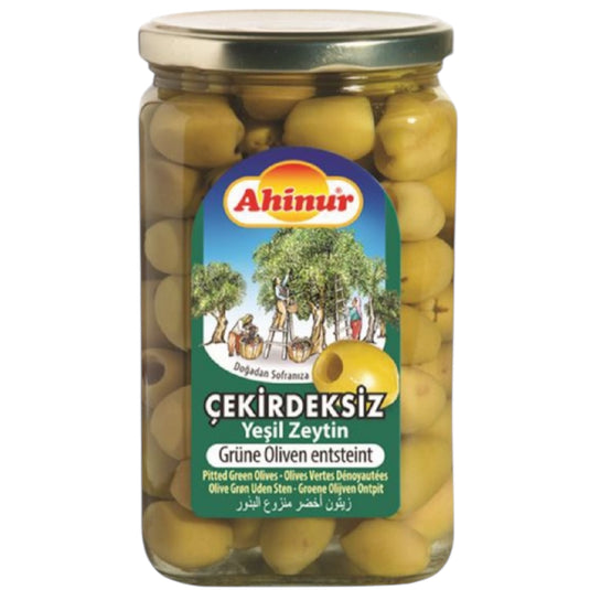 AHINUR GRÜNE OLIVEN OHNE KERN, GRØNNE OLIVEN AUS HOLZ, 8*850 ML. GL.