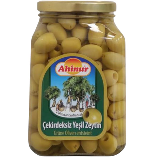 AHINUR GRÜNE OLIVEN ENTKERNT GRØNNE OLIVEN U.STEN 6*1600 ML. GL.