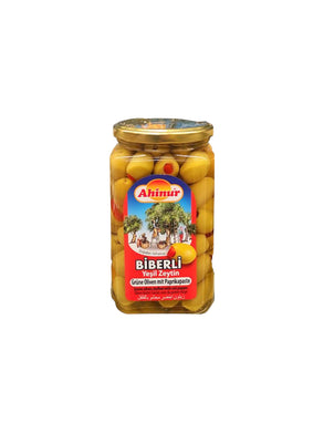 AHINUR YESIL ZEYTIN BIBERLI GREEN OLIVES WITH PEPPER 12*850 ML. GL.