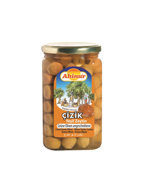AHINUR GREEN OLIVES SCRATCHED GRØNNE OLIVEN 8*850 CC GL.
